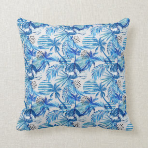 Bright Blue Tropical Watercolor Pattern Throw Pillow