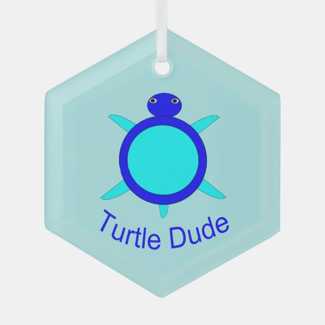 Bright Blue Turtle Dude Glass Ornament (Front)