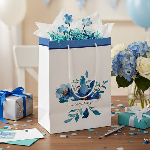 Bright blue watercolor floral personalized  medium gift bag