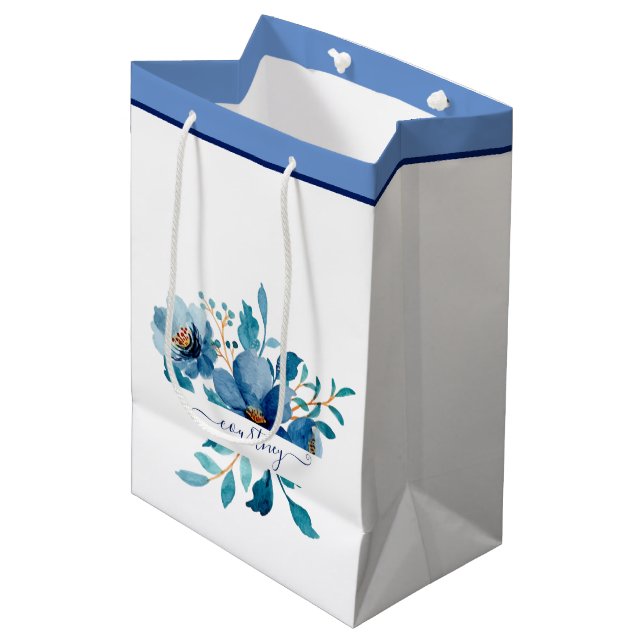 Bright blue watercolor floral personalized  medium gift bag (Front Angled)