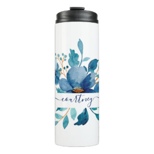Bright blue watercolor floral personalized thermal tumbler