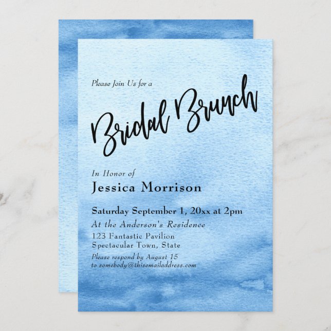 Bright Blue Watercolor Ombre Bridal Brunch Invitation (Front/Back)