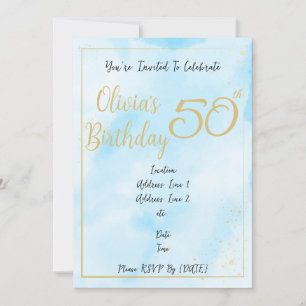 Bright Blue Watercolour & Gold Border Birthday Invitation