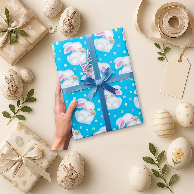 Bright Blue Whimsical Bunny Egg Easter  Wrapping Paper (Creator Uploaded)