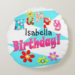 Bright blue white pink kids fun flowers cartoon bi round pillow