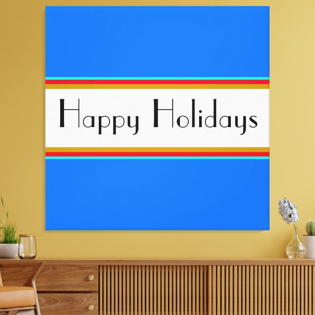 Bright Blue White Red Stripes Happy Holidays Text Canvas Print (Insitu(LivingRoom))