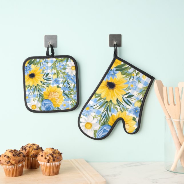 BRIGHT BLUE WHITE YELLOW SPRING FLOWERS OVEN MITT & POT HOLDER SET (Insitu(Hanging))