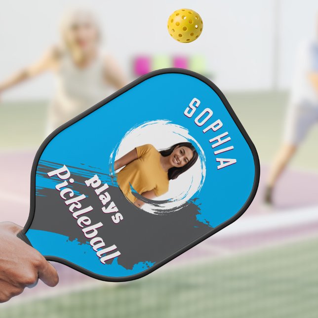 Bright Blue with Photo and Name Personalized Pickleball Paddle (A blue pickleball paddle with custom photo and name on both sides)