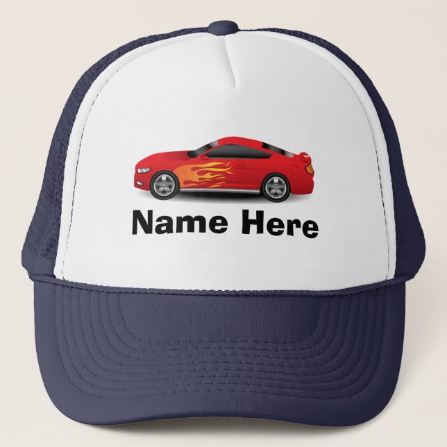Bright Blue with Red Sports Car Flames Boys Trucker Hat (Front)