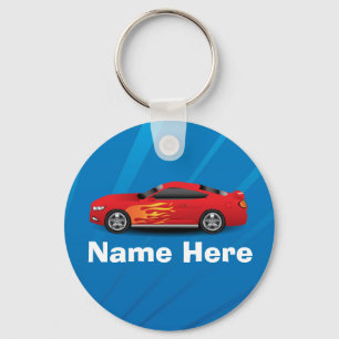 Bright Blue with Red Sports Car Flames Kids Boys Keychain