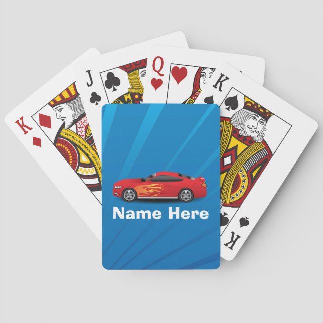 Bright Blue with Red Sports Car Flames Kids Boys Playing Cards (Back)