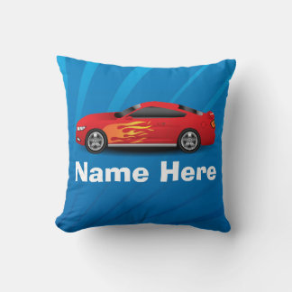 Bright Blue with Red Sports Car Flames Kids Boys Throw Pillow