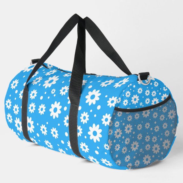 BRIGHT BLUE WITH WHITE DAISY FLOWERS DUFFLE BAG (Right Corner)