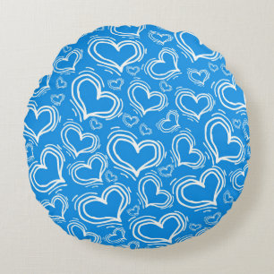 BRIGHT BLUE WITH WHITE HEARTS AND FLOWERS ROUND PILLOW