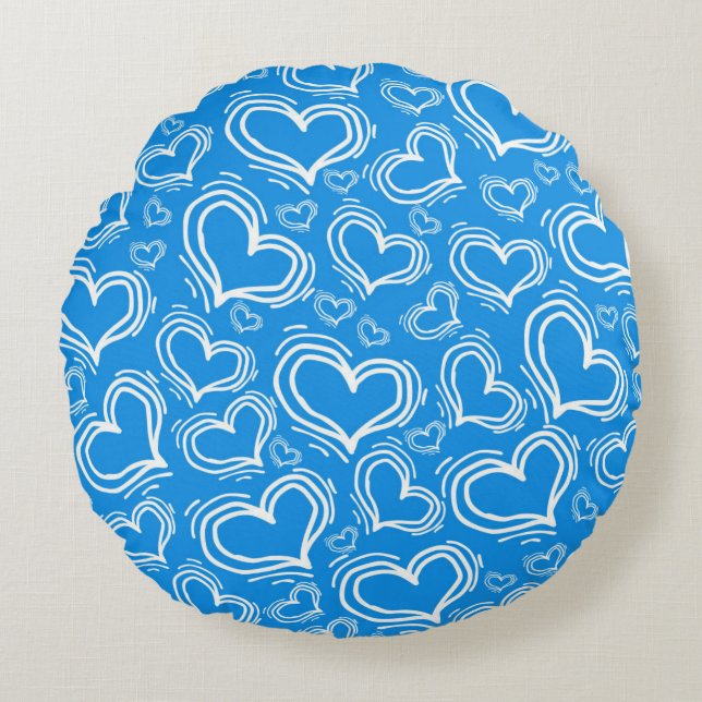 BRIGHT BLUE WITH WHITE HEARTS AND FLOWERS ROUND PILLOW (Front)