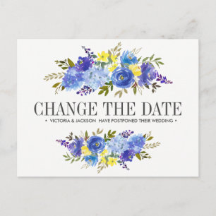 Bright Blue Yellow Flowers WEDDING CHANGE THE DATE Announcement Postcard