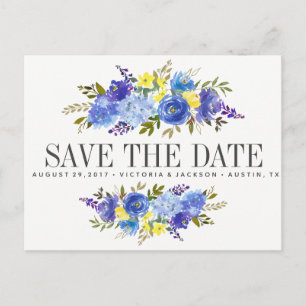 Bright Blue Yellow Flowers WEDDING save the date Announcement Postcard