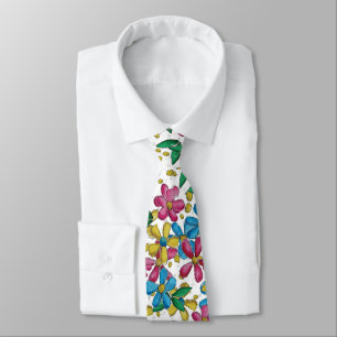 Bright Blue Yellow Hot Pink Summer Floral Pattern Tie