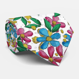 Bright Blue Yellow Hot Pink Summer Floral Pattern Tie