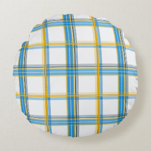 Bright Blue Yellow Plaid Aesthetic Round Pillow