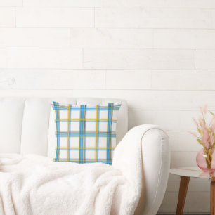 Bright Blue Yellow Plaid Aesthetic Throw Pillow