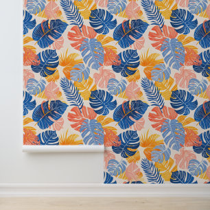 Bright Blue Yellow Summer Tropical Palm Leaves Wallpaper