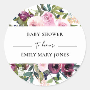 BRIGHT BLUSH BURGUNDY FLORAL BUNCH BABY SHOWER CLASSIC ROUND STICKER