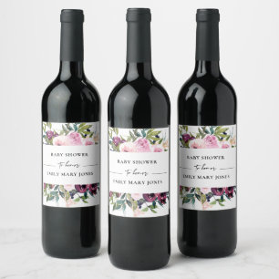 BRIGHT BLUSH BURGUNDY FLORAL BUNCH BABY SHOWER WINE LABEL