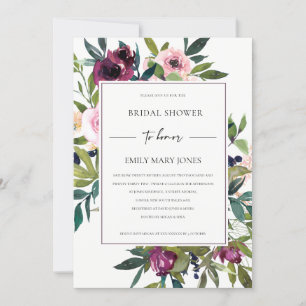 BRIGHT BLUSH BURGUNDY FLORAL BUNCH BRIDAL SHOWER INVITATION