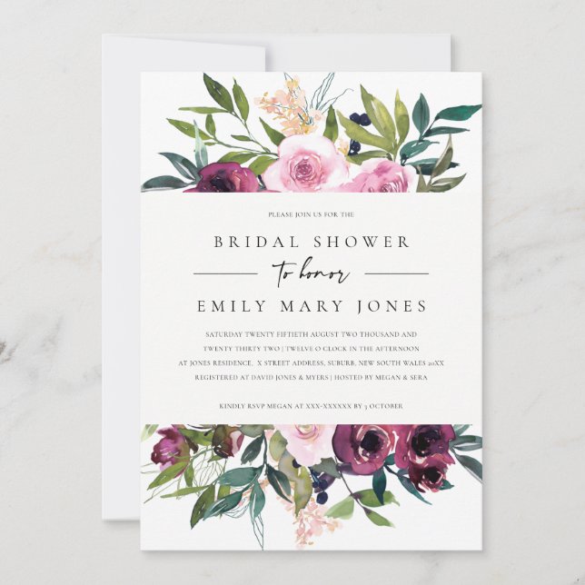 BRIGHT BLUSH BURGUNDY FLORAL BUNCH BRIDAL SHOWER INVITATION (Front)
