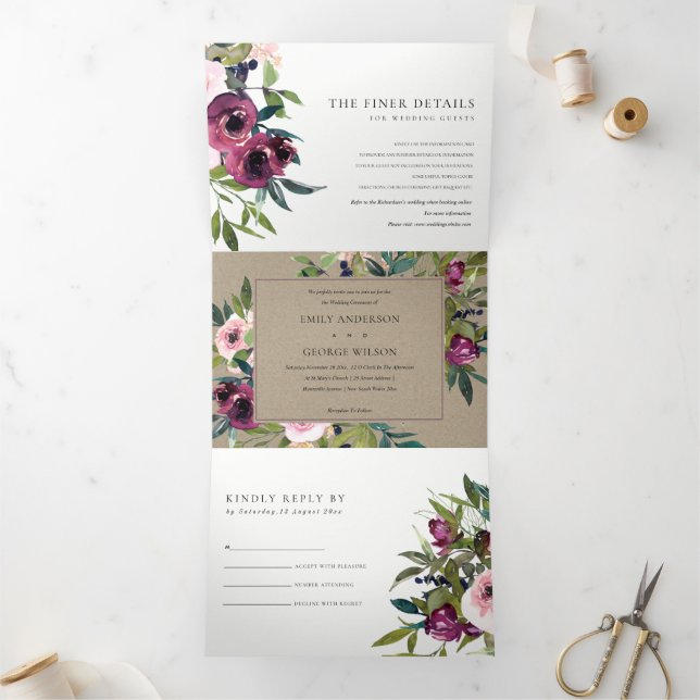 BRIGHT BLUSH BURGUNDY KRAFT FLORAL BUNCH WEDDING Tri-Fold INVITATION (Inside)