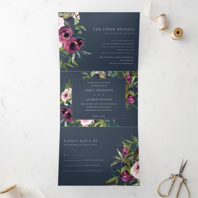 BRIGHT BLUSH BURGUNDY NAVY FLORAL BUNCH WEDDING Tri-Fold INVITATION (Inside)