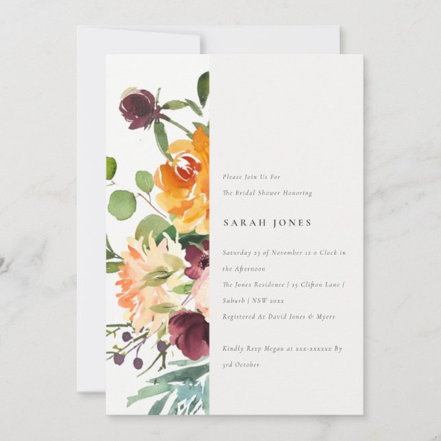 Bright Blush Yellow Orange Floral Bridal Shower Invitation (Front)