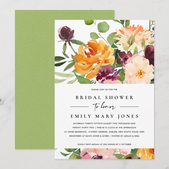 BRIGHT BLUSH YELLOW ORANGE FLORAL BRIDAL SHOWER INVITATION (Front/Back)