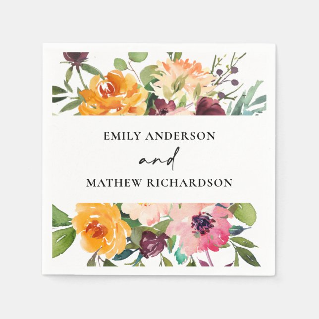 BRIGHT BLUSH YELLOW ORANGE FLORAL BUNCH WEDDING NAPKIN (Front)