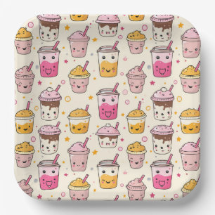 Bright Boba Tea Pattern Paper Plate