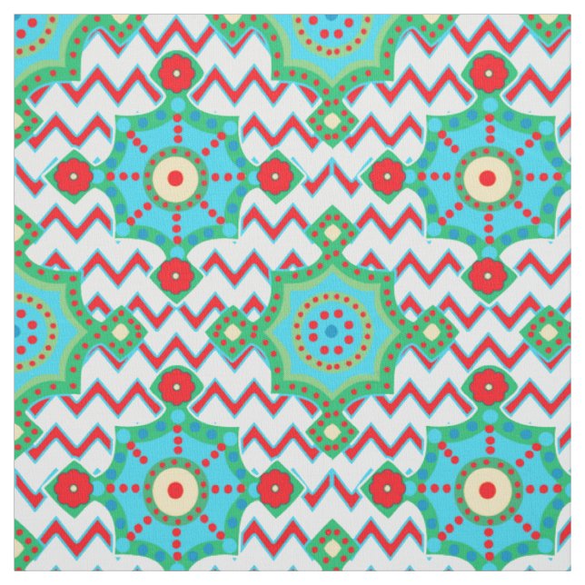 Bright Boho | Aqua and Red Chevron Fabric (Swatch)