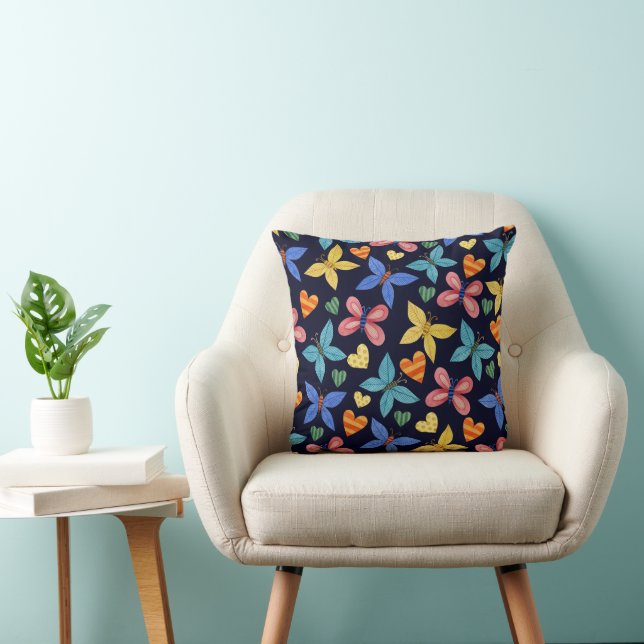 Bright Boho Butterfly Pattern on Navy Blue Throw Pillow (Chair)