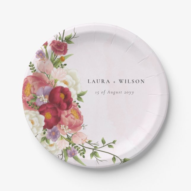 Bright Boho Red Pink white Flowers Wedding Paper Plate (Front)