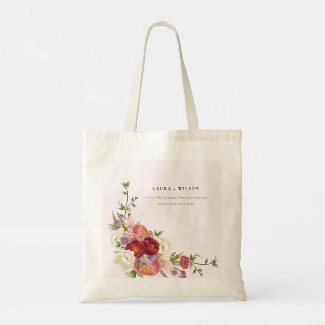 Bright Boho Red Pink white Flowers Wedding Tote Bag (Back)