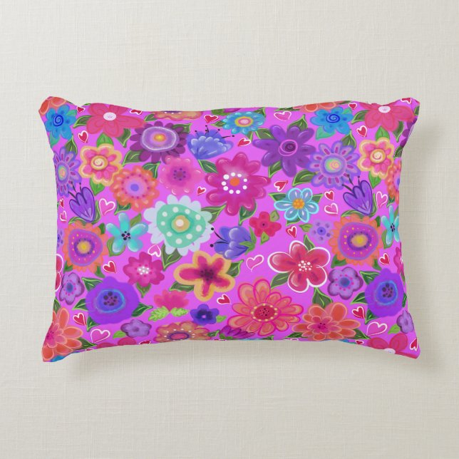 Bright Boho Style Pink Flowers Beautiful  Accent Pillow (Front)
