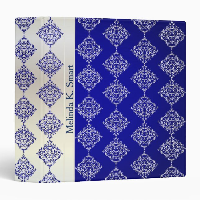 Bright Bold Blue & Satin White Damask |Personalize Binder (Front/Spine)