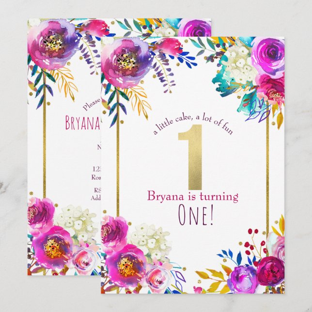 Bright Bold Colourful Floral Modern 1st Birthday Invitation (Front/Back)