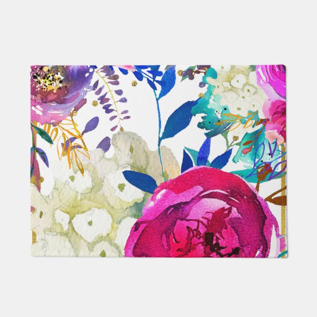 Bright Bold Colourful Floral Modern Botanical Doormat (Front)