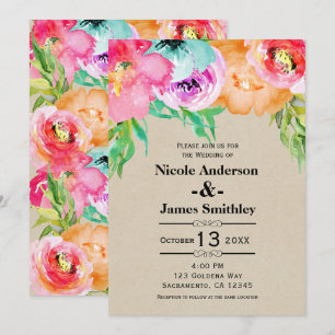 Bright Bold Colourful Floral Rustic Modern Kraft Invitation