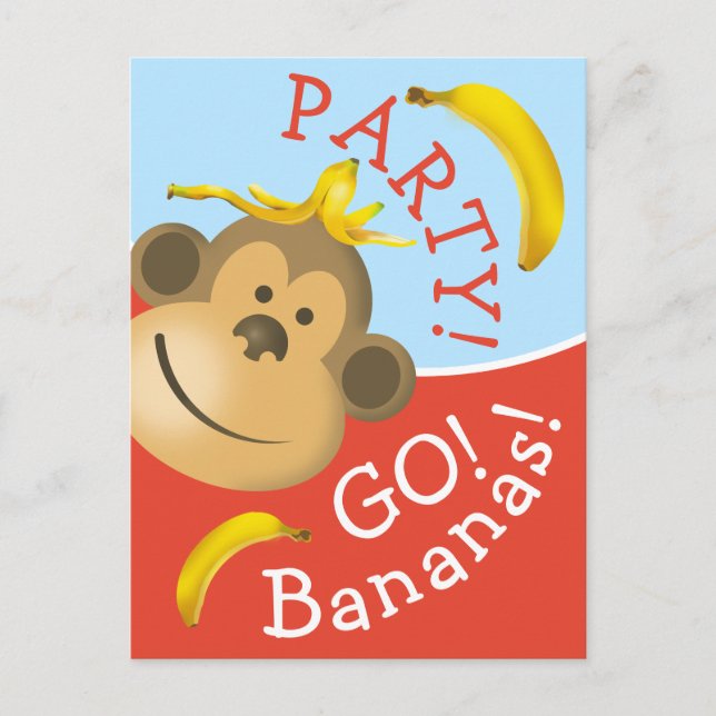 Bright Bold Colourful Go Bananas Monkey Party Invitation Postcard (Front)