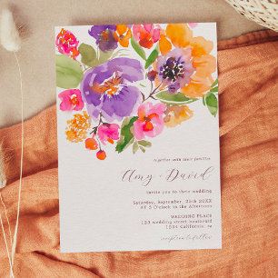 Bright bold fall floral watercolor photo wedding invitation