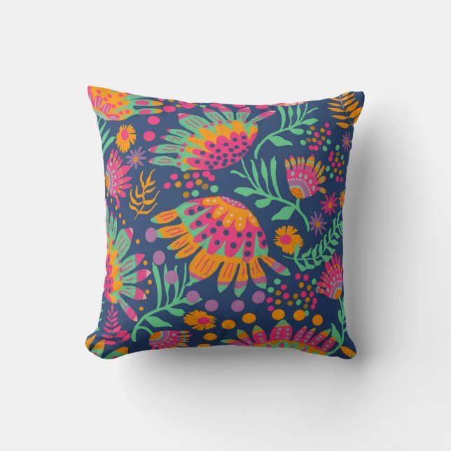 Bright Bold Floral Print Throw Pillow (Front)