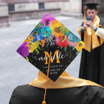 Bright & Bold Florals Monogram Graduation Graduate Graduation Cap Topper<br><div class="desc">Stand out in the crowd with this custom Graduation Cap Topper. Design features a black background,  decorated with bright and bold watercolor florals and foliage,  faux gold confetti,  a elegant calligraphy script monogram where the initial can be changed to any colour,  name of school and class year.</div>