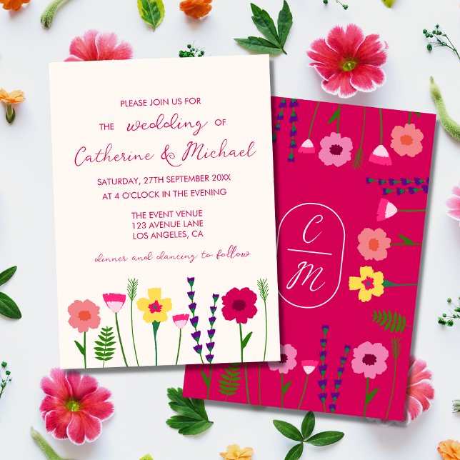 Bright & Bold Fuchsia Pink Floral Monogram Wedding Invitation (Creator Uploaded)